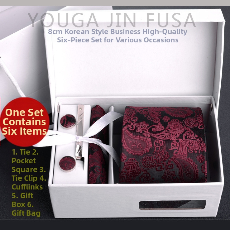 Фабричен трансграничен мъжки костюм от шест части, бизнес черен 8 см, раиран, вратовръзка за ръка, вратовръзка за младоженец, сватбена подаръчна кутия