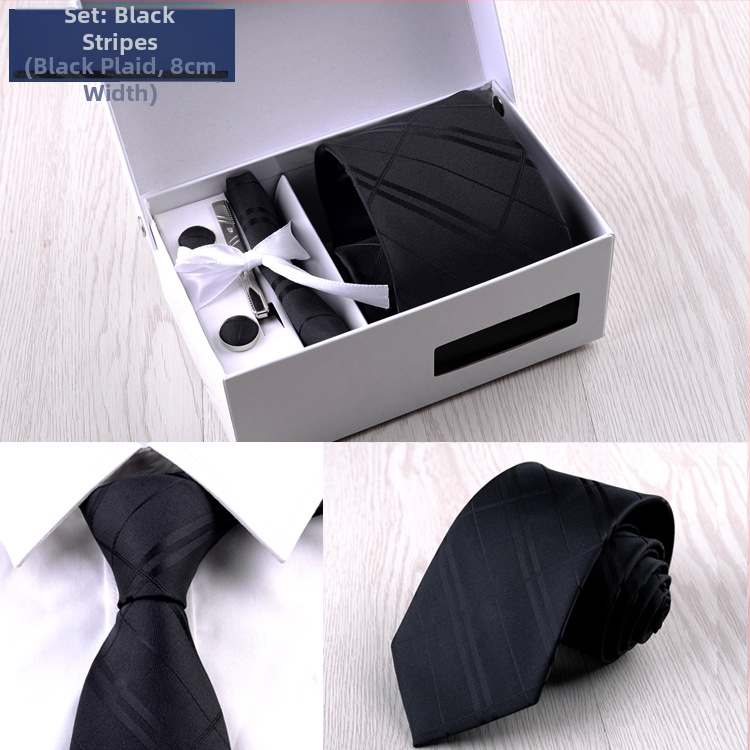 Vīriešu sešdaļīgs, melns, svītrains, vīriešu uzvalks, melns, 8 cm, svītrains, kaklasaite, līgavaiņa kāzu dāvanu kastīte