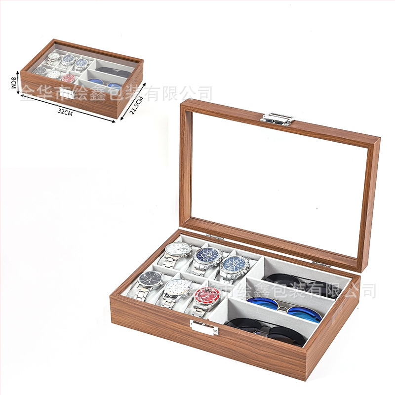 Didmeninė medinių laikrodžių laikymo dėžutė, juodo riešuto spalvos medinių kolekcijų laikrodžių papuošalų, akinių daugiafunkcinė dėžutė