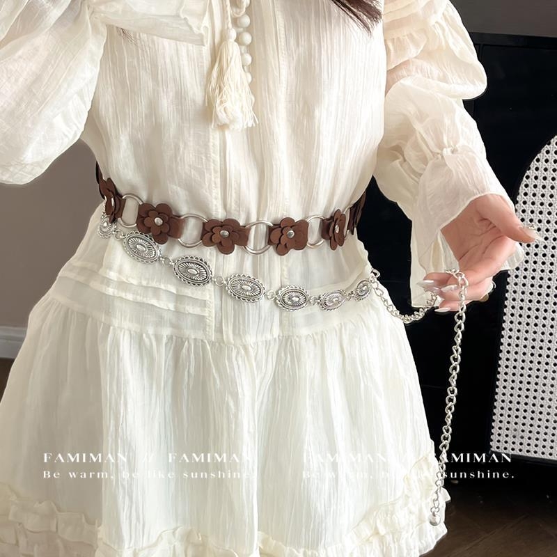 Bohēmiska viduslaiku etniskā stila brūna josta sieviešu svārkiem ar pītu vidukļa ķēdi Y2K metāla vidukļa aksesuāri