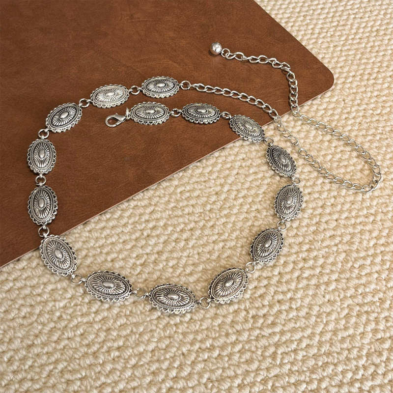 Bohēmiska viduslaiku etniskā stila brūna josta sieviešu svārkiem ar pītu vidukļa ķēdi Y2K metāla vidukļa aksesuāri