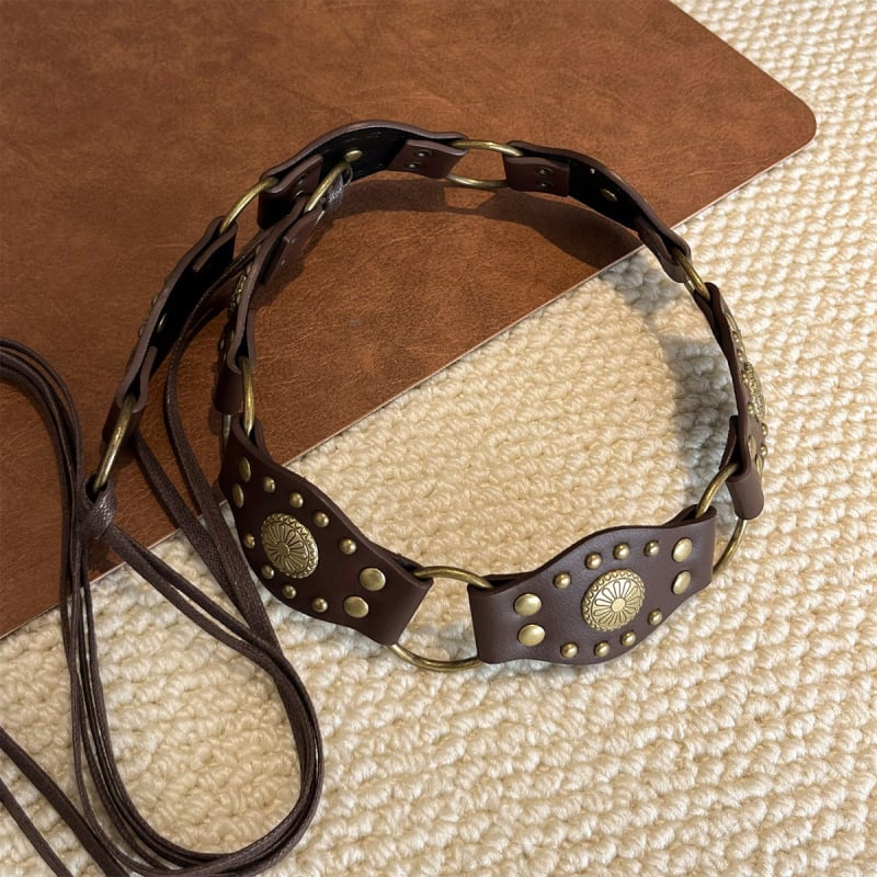 Bohēmiska viduslaiku etniskā stila brūna josta sieviešu svārkiem ar pītu vidukļa ķēdi Y2K metāla vidukļa aksesuāri