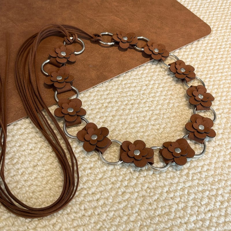 Bohēmiska viduslaiku etniskā stila brūna josta sieviešu svārkiem ar pītu vidukļa ķēdi Y2K metāla vidukļa aksesuāri