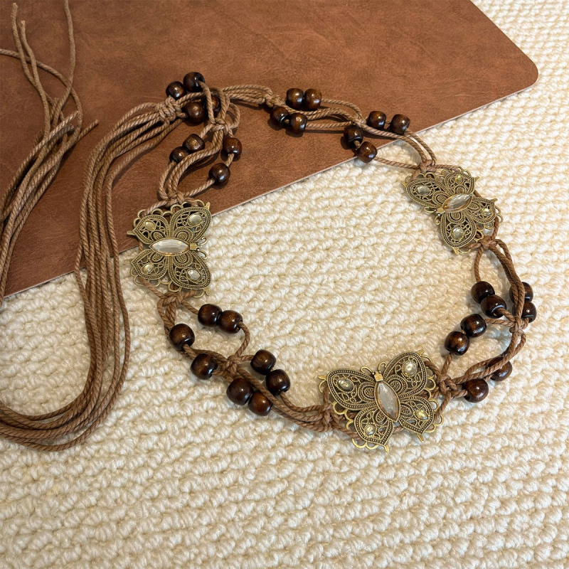 Bohēmiska viduslaiku etniskā stila brūna josta sieviešu svārkiem ar pītu vidukļa ķēdi Y2K metāla vidukļa aksesuāri