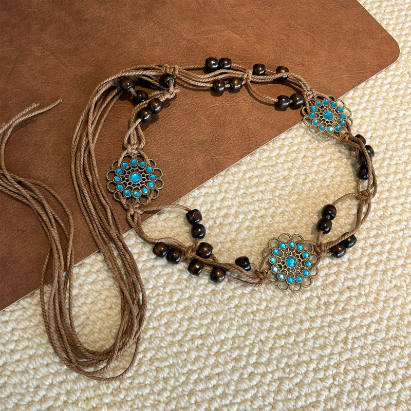 Bohēmiska viduslaiku etniskā stila brūna josta sieviešu svārkiem ar pītu vidukļa ķēdi Y2K metāla vidukļa aksesuāri