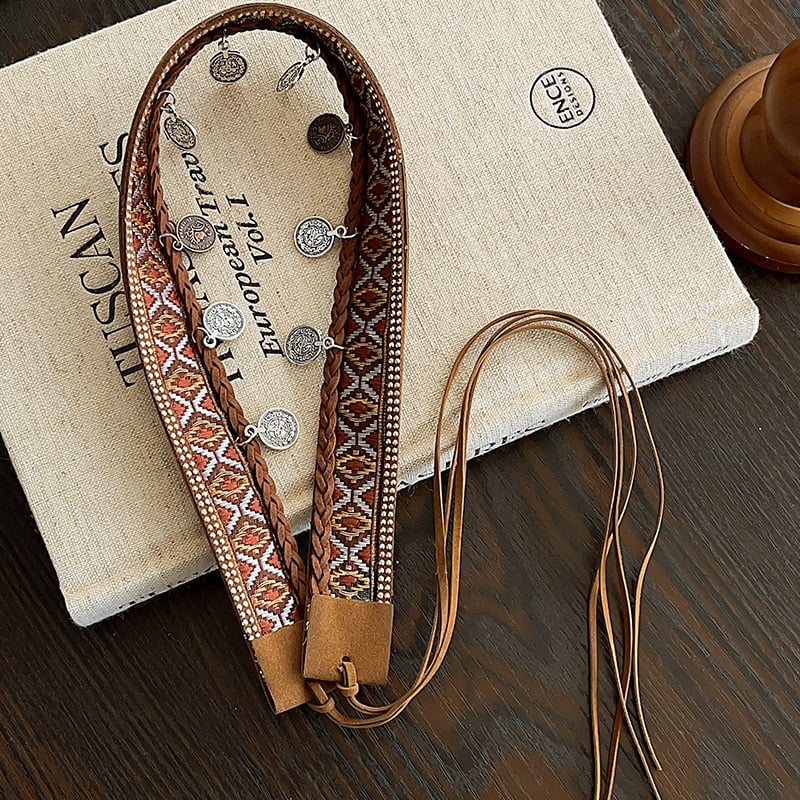 Bohēmiska viduslaiku etniskā stila brūna josta sieviešu svārkiem ar pītu vidukļa ķēdi Y2K metāla vidukļa aksesuāri