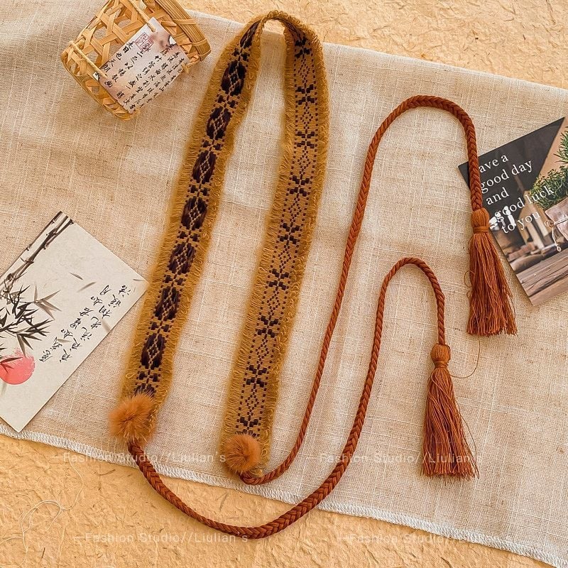 Bohēmiska viduslaiku etniskā stila brūna josta sieviešu svārkiem ar pītu vidukļa ķēdi Y2K metāla vidukļa aksesuāri