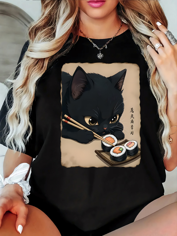 Tricou casual de damă mărime mare, cu design drăguț cu pisică neagră și sushi - guler rotund, mânecă scurtă, material ușor