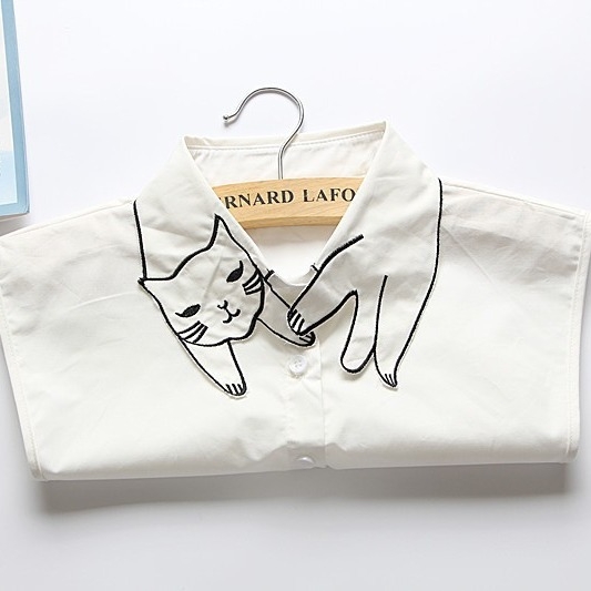 Британска ретро фалшива яка, удобна и дишаща памучна яка с бродирана котка, фалшива дантелена яка от висок клас