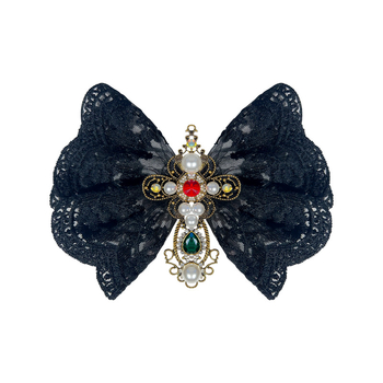 Европейски и американски готически Хелоуин кръст папионка в дворцов стил с голяма черна скъпоценна камъче дантелена панделка брошка декорация