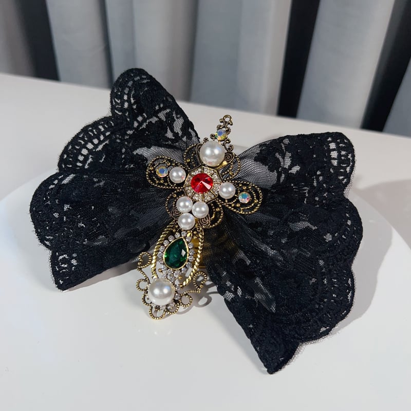 Papion gotic european și american de Halloween, în stil palat, cu cruce, supradimensionat, cu pietre prețioase negre, broșă decorativă din dantelă