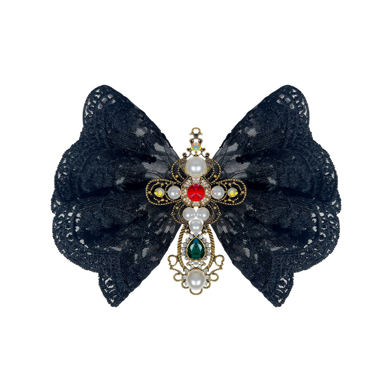 Европейски и американски готически Хелоуин кръст папионка в дворцов стил с голяма черна скъпоценна камъче дантелена панделка брошка декорация