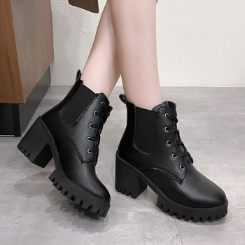Есен и зима 2025 Нови дамски къси ботуши в британски стил, ботуши с дебел ток и заоблен връх, с връзки, целогодишни