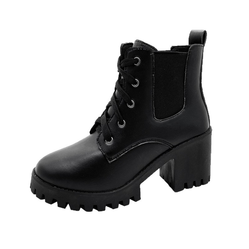 Есен и зима 2025 Нови дамски къси ботуши в британски стил, ботуши с дебел ток и заоблен връх, с връзки, целогодишни