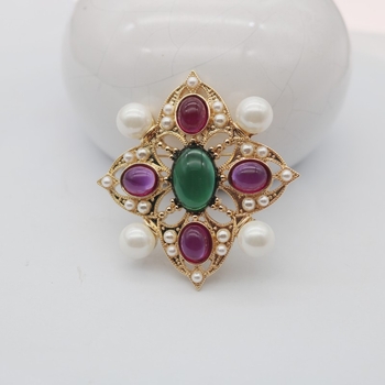 Дамска позлатена брошка с гравирана перла, цвят имитация на глазура от средата на древността, кръст, корсаж за палто