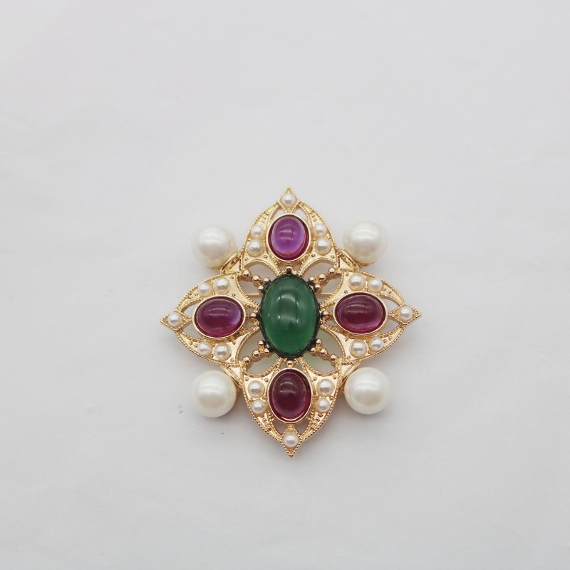 Дамска позлатена брошка с гравирана перла, цвят имитация на глазура от средата на древността, кръст, корсаж за палто