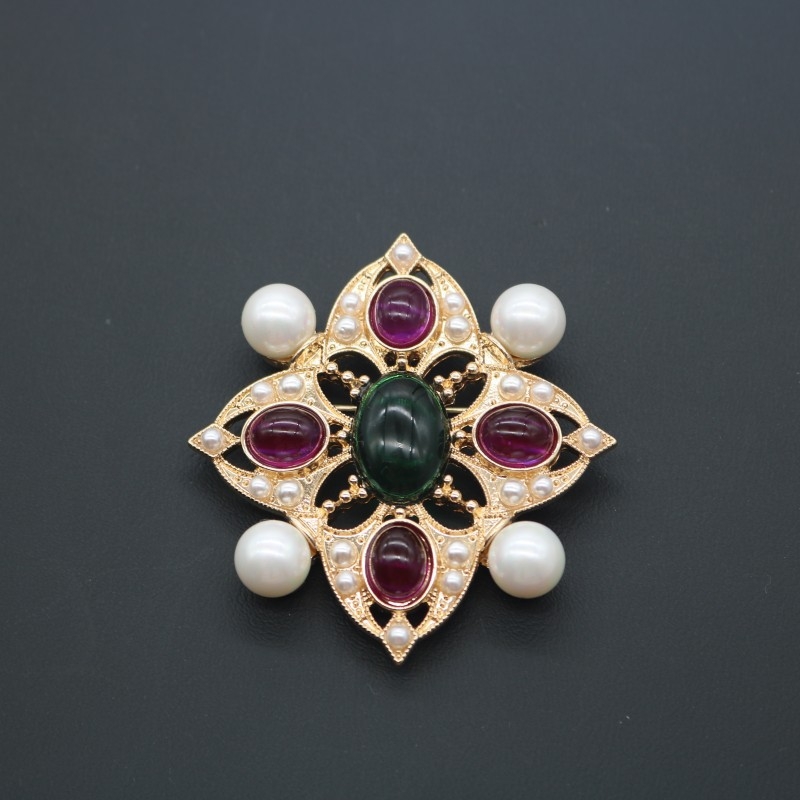 Дамска позлатена брошка с гравирана перла, цвят имитация на глазура от средата на древността, кръст, корсаж за палто