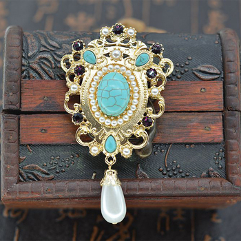 Европейски и американски дворцов стил Ретро барокова тюркоазена брошка в западен стил Антична цветна скъпоценна игла за корсаж на склад