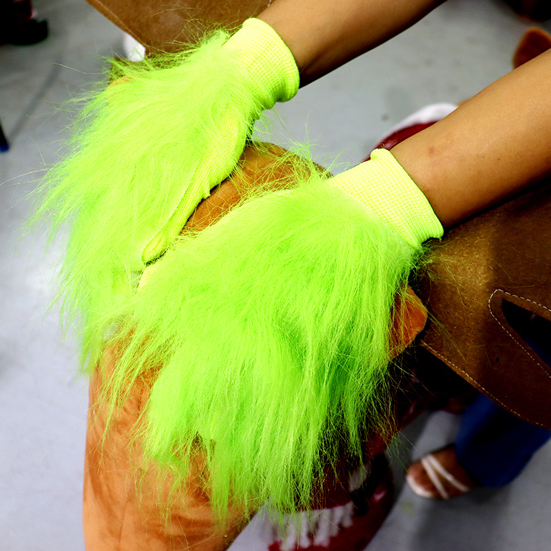 Mănuși ciudate de Grinch din blană verde de Crăciun, recuzită pentru atmosferă de petrecere, mănuși verzi din blană, mănuși de Grinch de Crăciun