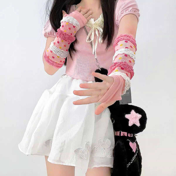 Rudens ir žiemos dopamino rankovės, moteriškos japoniško stiliaus mielos rožinės lolita mergaičių Y2K karštų mergaičių apsaugos nuo saulės pirštinės
