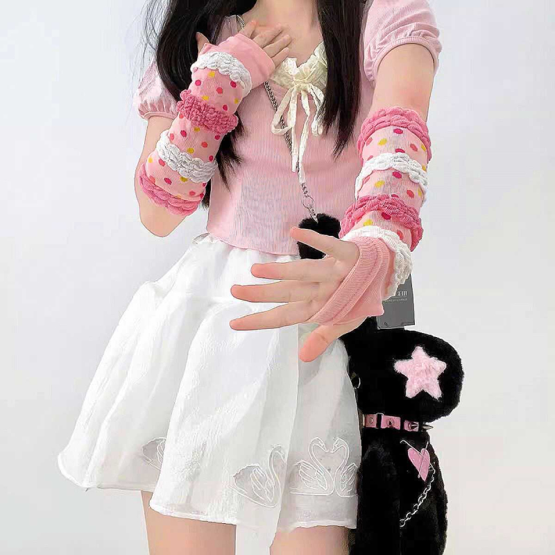 Rudens ir žiemos dopamino rankovės, moteriškos japoniško stiliaus mielos rožinės lolita mergaičių Y2K karštų mergaičių apsaugos nuo saulės pirštinės