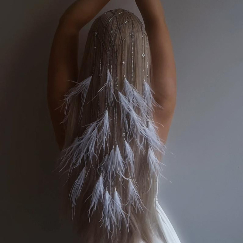 Transfrontaliere nou pandantiv cu pene cerc de păr elegant lanț de păr de zână accesorii de cină bandă de susținere pentru femei