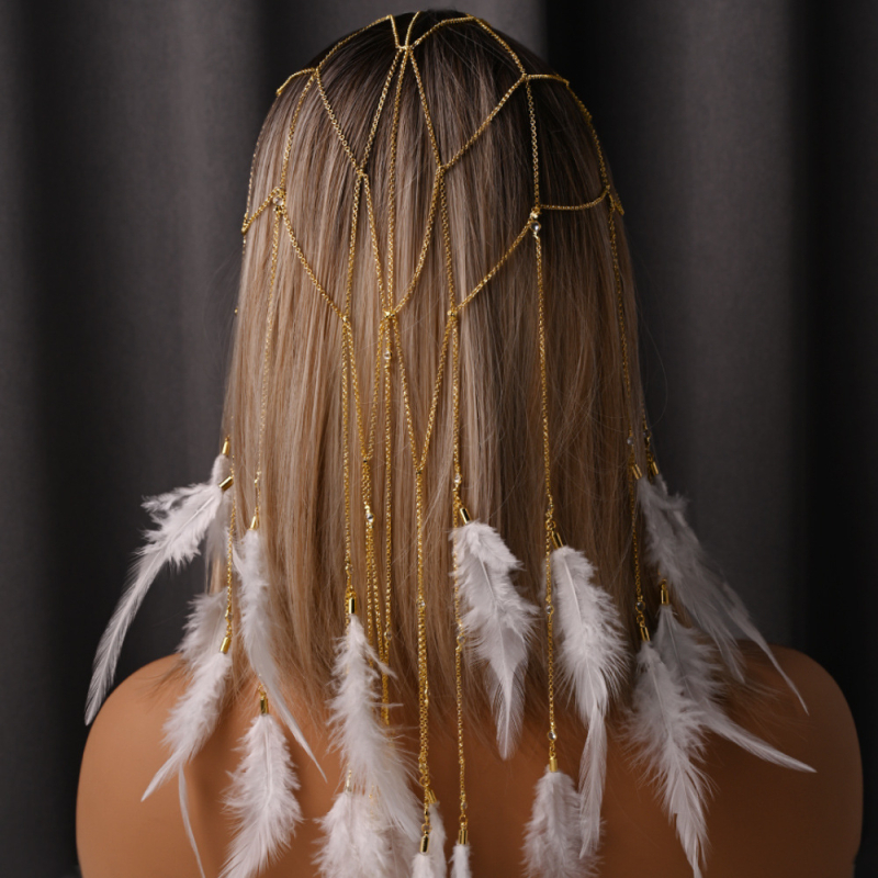 Transfrontaliere nou pandantiv cu pene cerc de păr elegant lanț de păr de zână accesorii de cină bandă de susținere pentru femei