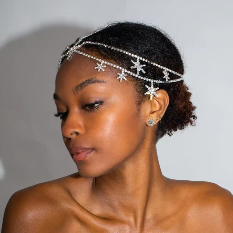 Europietiški ir amerikietiški perdėti kalnų krištoliniai daugiasluoksniai šešiakampiai žvaigždės formos plaukų grandinėlė kaktos grandinėlės plaukų aksesuarai fėjų stiliaus nuotakos žvaigždės formos deimantiniai galvos apdangalai moterims