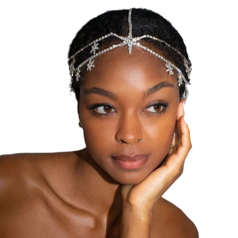 Europietiški ir amerikietiški perdėti kalnų krištoliniai daugiasluoksniai šešiakampiai žvaigždės formos plaukų grandinėlė kaktos grandinėlės plaukų aksesuarai fėjų stiliaus nuotakos žvaigždės formos deimantiniai galvos apdangalai moterims