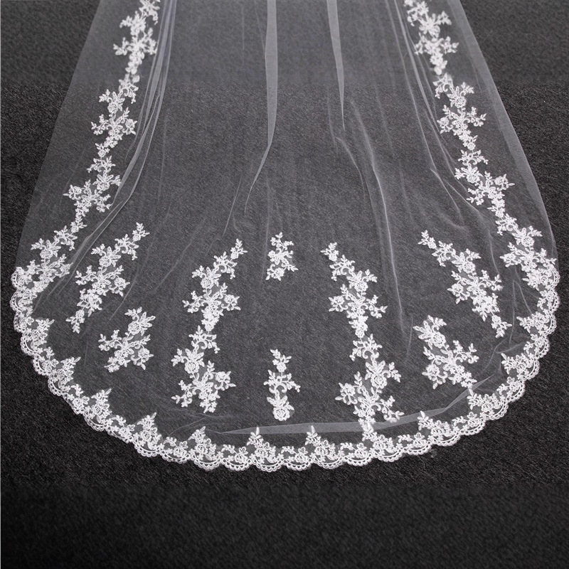 Hl05 eksporto šydas, šveicariškas tinklas, nuotakos, 1,8 m pločio šleifas, gėlėtas, ilgas nėrinių apdaila su trumpu šleifu