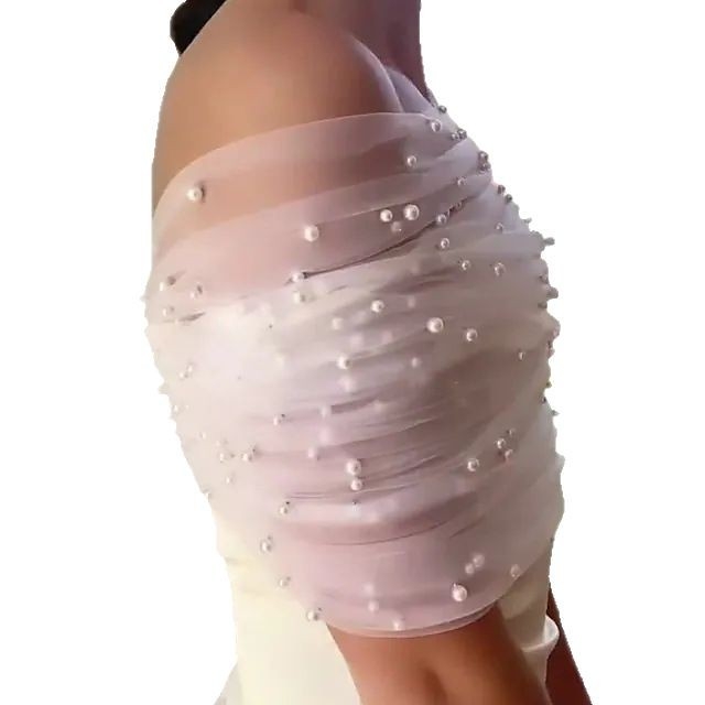 „Amazon“ moteriška perlų tinklelio rankoves dengianti krūtinės vestuvinė suknelė su vieno peties aksesuarais ir diržais