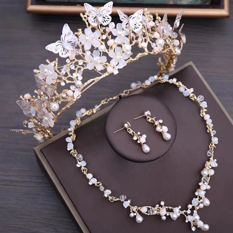 Mireasă coreeană, accesoriu de cap, strălucitor, cu strasuri, fluture, coroană, colier, cercei, rochie de mireasă din trei piese, accesorii all-match