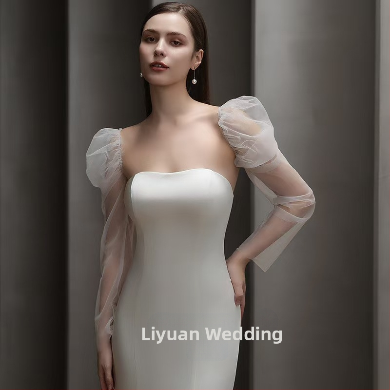 обикновена мека прежда, дълъг прозрачен тюл, кремаво-бял, слънцезащитен комплект за булка с ръкав