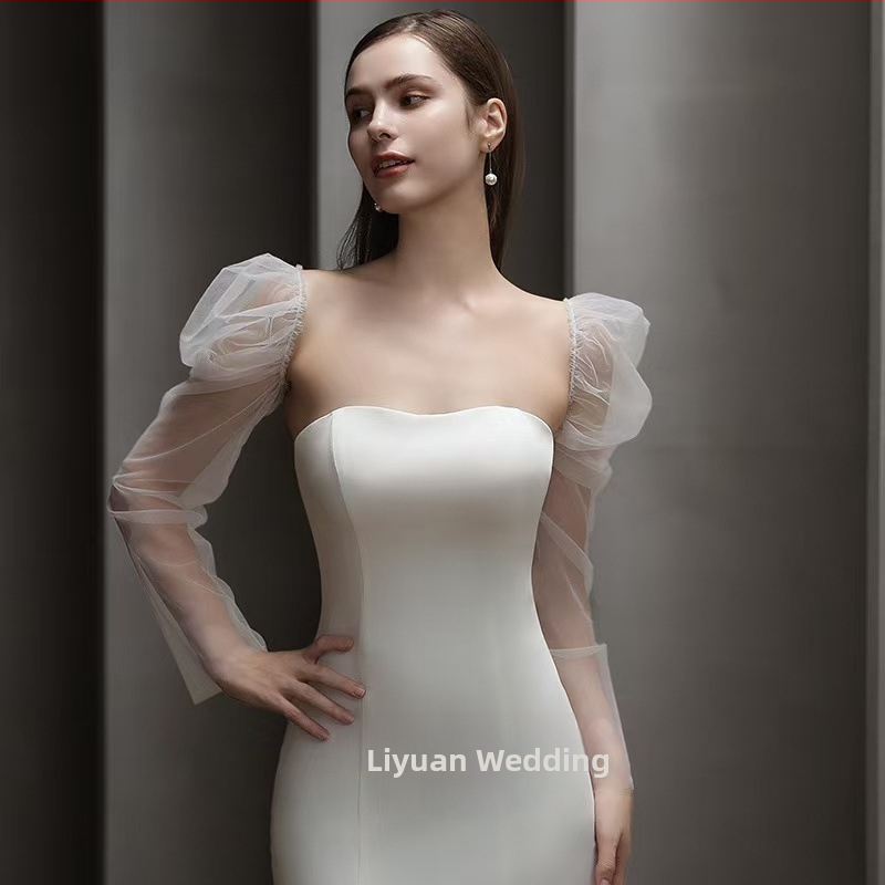 обикновена мека прежда, дълъг прозрачен тюл, кремаво-бял, слънцезащитен комплект за булка с ръкав