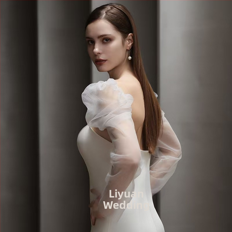 обикновена мека прежда, дълъг прозрачен тюл, кремаво-бял, слънцезащитен комплект за булка с ръкав