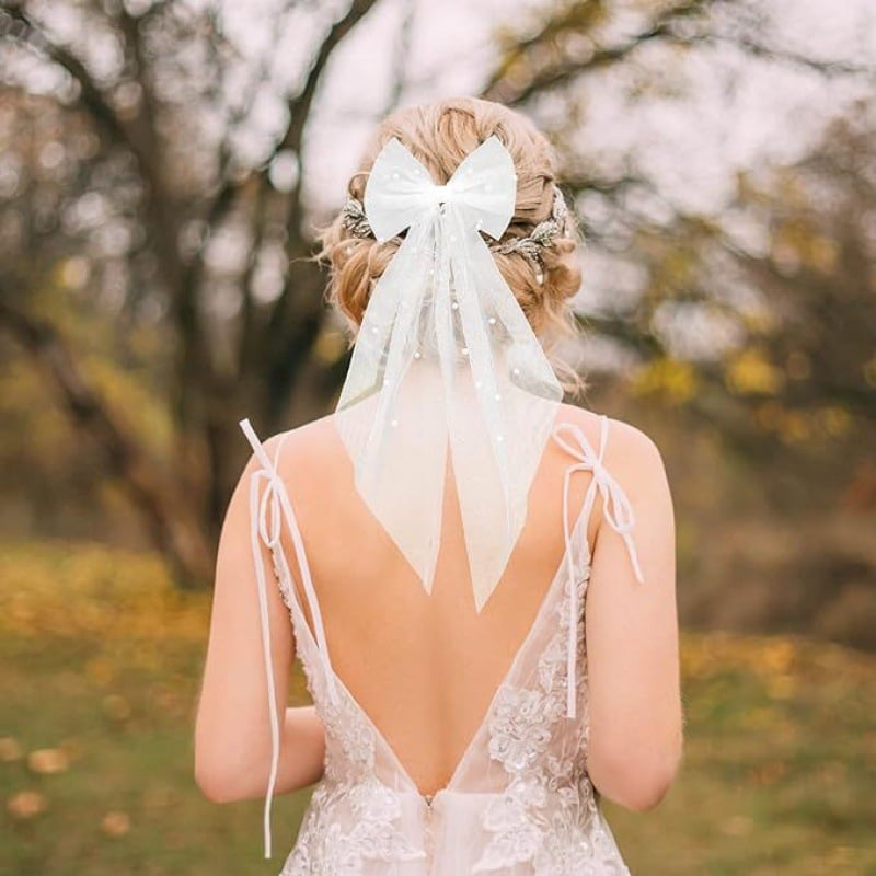Accesorii de păr cu perle și fundă mare albă, accesorii pentru rochie de mireasă, accesorii pentru călătorii foto, voal cu certificat de înregistrare
