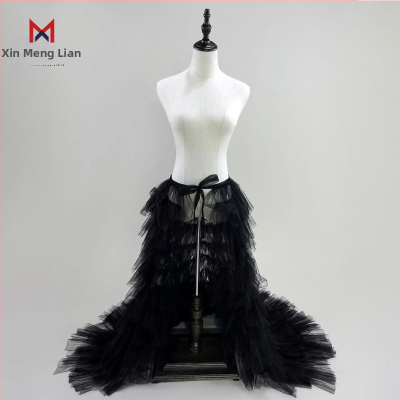 Елегантна европейска и американска трансгранична мрежеста пола с шевове, елегантна, с връзки, еднокомпонентна, дълга пола с А-силует и висока талия