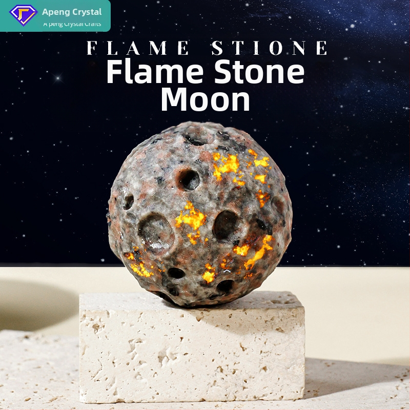 Natūralaus krištolo liepsnos akmens mėnulio papuošalai, krištolo šiurkštaus akmens mėnulio modelio drožybos detalės, namų biuro dekoravimo papuošalai