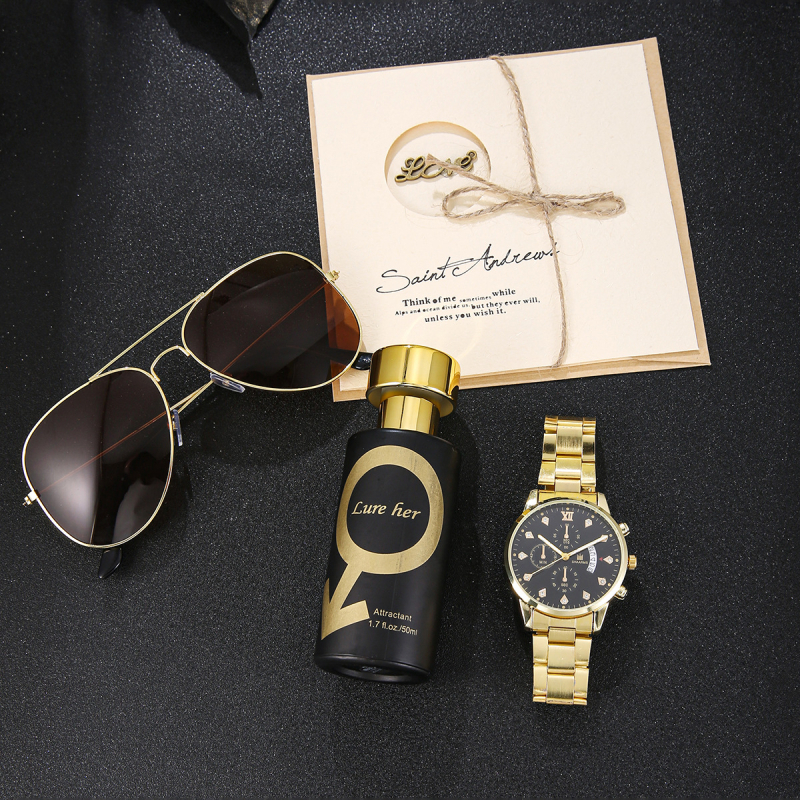 2025 Decorativ Fake Three Eyes Men's Casual Casual Scală Calendar Steel Band Quartz Watch Set 4 piese cadou Box