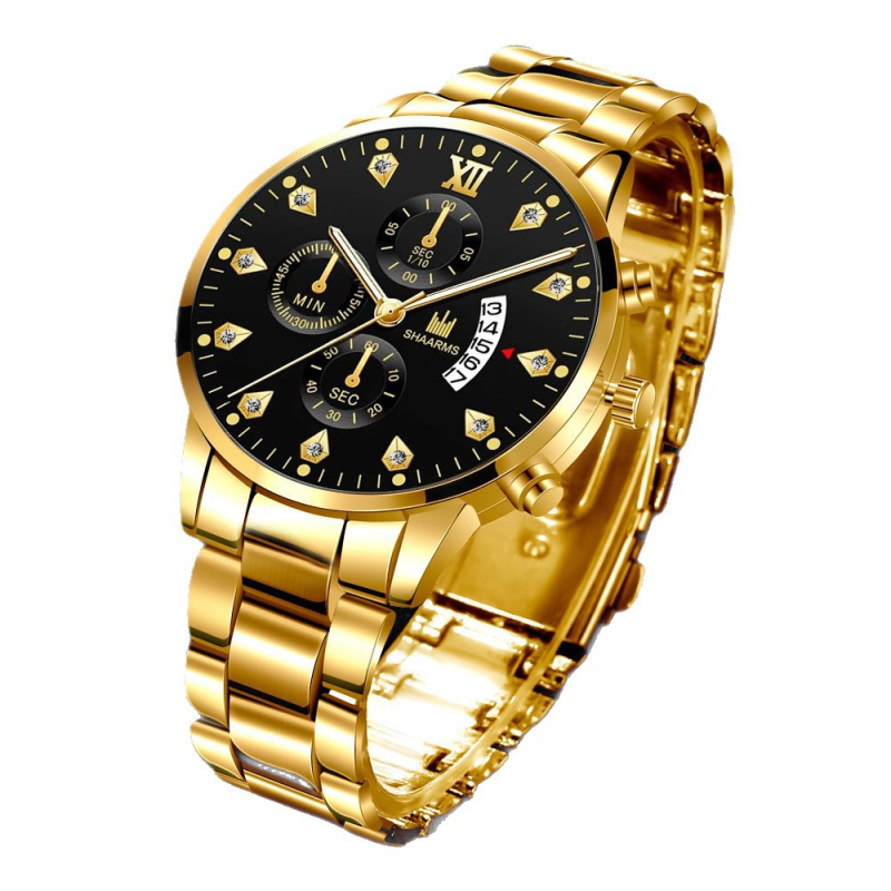 2025 Decorativ Fake Three Eyes Men's Casual Casual Scală Calendar Steel Band Quartz Watch Set 4 piese cadou Box