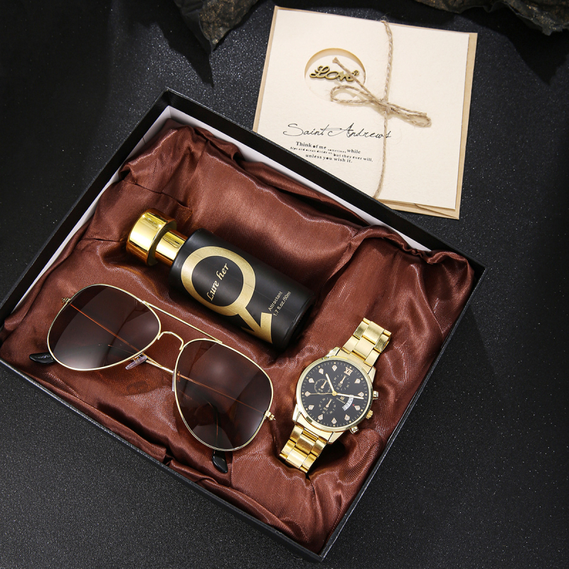 2025 Decorativ Fake Three Eyes Men's Casual Casual Scală Calendar Steel Band Quartz Watch Set 4 piese cadou Box