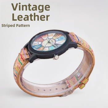 Ženski sat s gramofonom od drvenih zrna, retro prugasti kožni sat s korejskim uzorkom, studentski sat s remenom od drveta