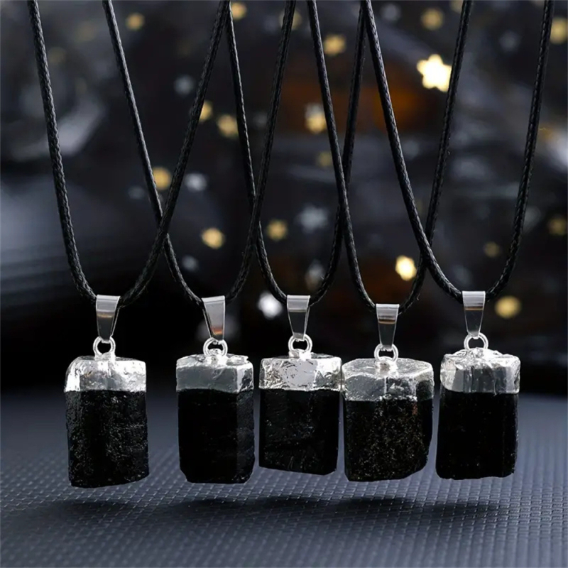 Coloană de cristal naturală, piatră originală, turmalină neagră, pandantiv, piatră electrică neregulată, pilon, minereu, placat cu argint, margine, colier, pandantiv