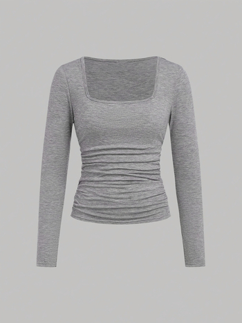 Σετ 3 τεμαχίων πλεκτού μπλουζάκι σε καθαρό χρώμα, μοντέρνο, casual, με τετράγωνο γιακά, πλισέ και μακριά μανίκια, σε διασυνοριακή μόδα, 2025