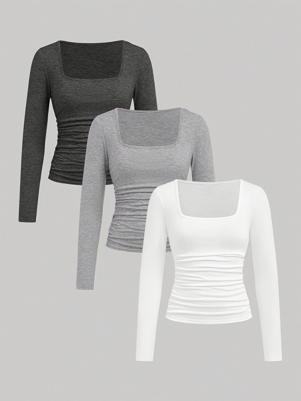 Set de 3 piese din tricou tricotat în culori pure, cu guler pătrat, plisat, 2025, la modă transfrontalieră