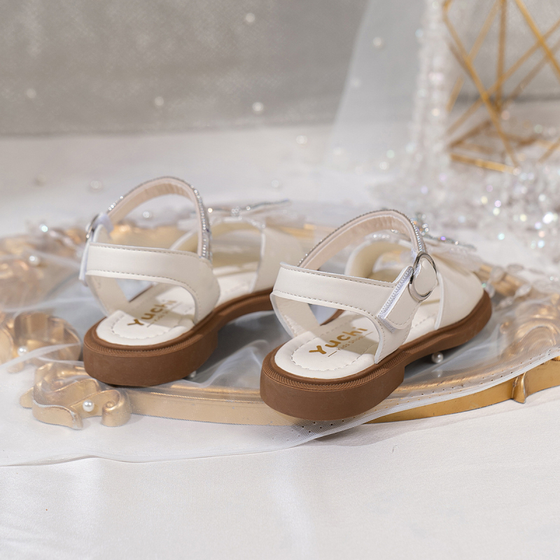 Vasaras jaunas stila mazas meiteņu sandales ar rhinestones bantīti, vienkrāsainas, plakanas, vieglas, mīlīgas un ērtas princeses sandales