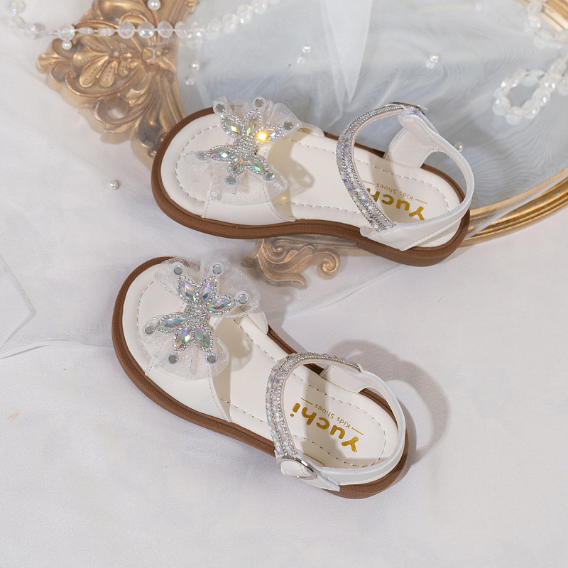 Vasaras jaunas stila mazas meiteņu sandales ar rhinestones bantīti, vienkrāsainas, plakanas, vieglas, mīlīgas un ērtas princeses sandales