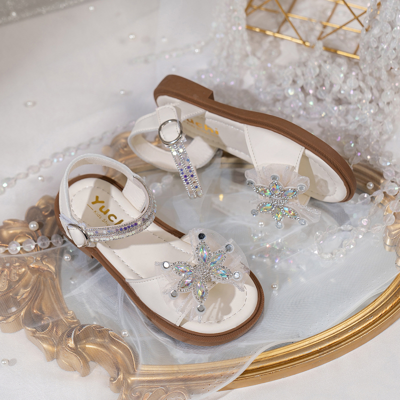 Vasaras jaunas stila mazas meiteņu sandales ar rhinestones bantīti, vienkrāsainas, plakanas, vieglas, mīlīgas un ērtas princeses sandales