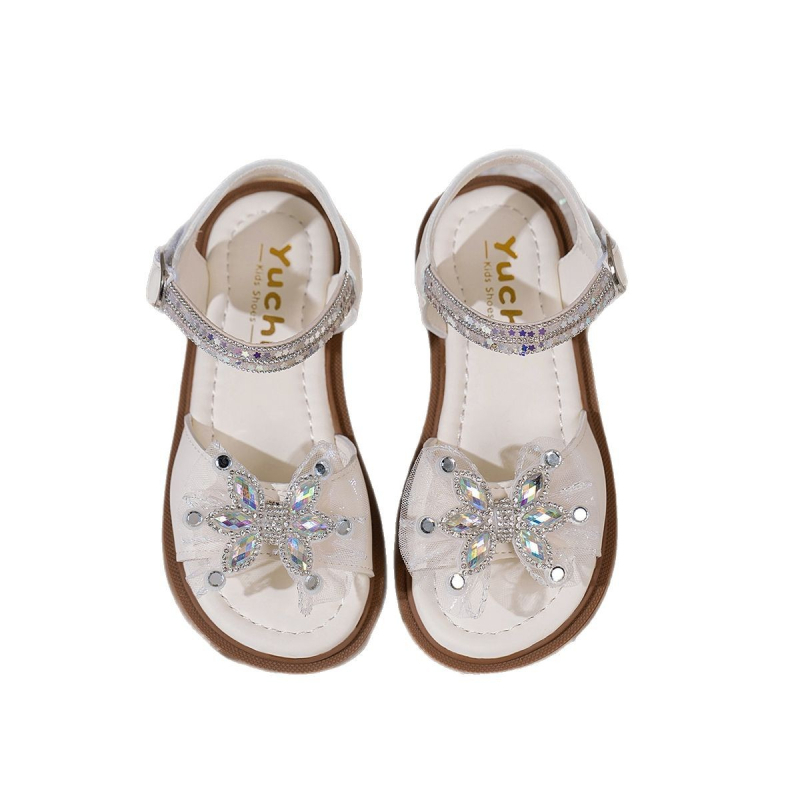 Vasaras jaunas stila mazas meiteņu sandales ar rhinestones bantīti, vienkrāsainas, plakanas, vieglas, mīlīgas un ērtas princeses sandales