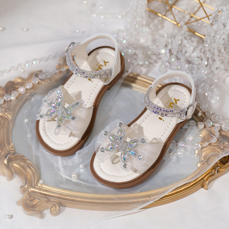 Vasaras jaunas stila mazas meiteņu sandales ar rhinestones bantīti, vienkrāsainas, plakanas, vieglas, mīlīgas un ērtas princeses sandales